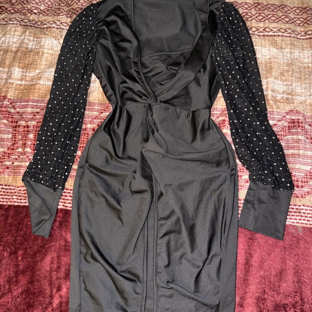 Black Long-Sleeve Ruched Midi Dress with Embellished Sheer Sleeves